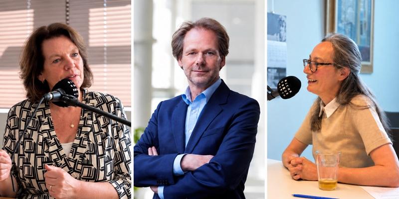 Twee sprekers tijdens de opname van de podcast en een portret van de derde spreker