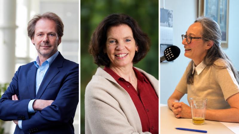 Een spreker tijdens de podcast en twee portretten van de andere sprekers