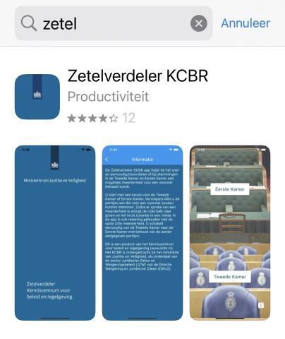 Printscreen van de app store als wordt gezocht op de term zetel