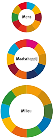 Op de afbeelding staan 3 cirkels met de woorden Mens, Maatschappij en Milieu